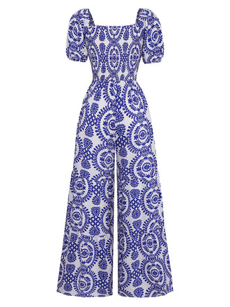 Blauer 50er Bohemian Jumpsuit mit Puffärmel und Rundhalsausschnitt