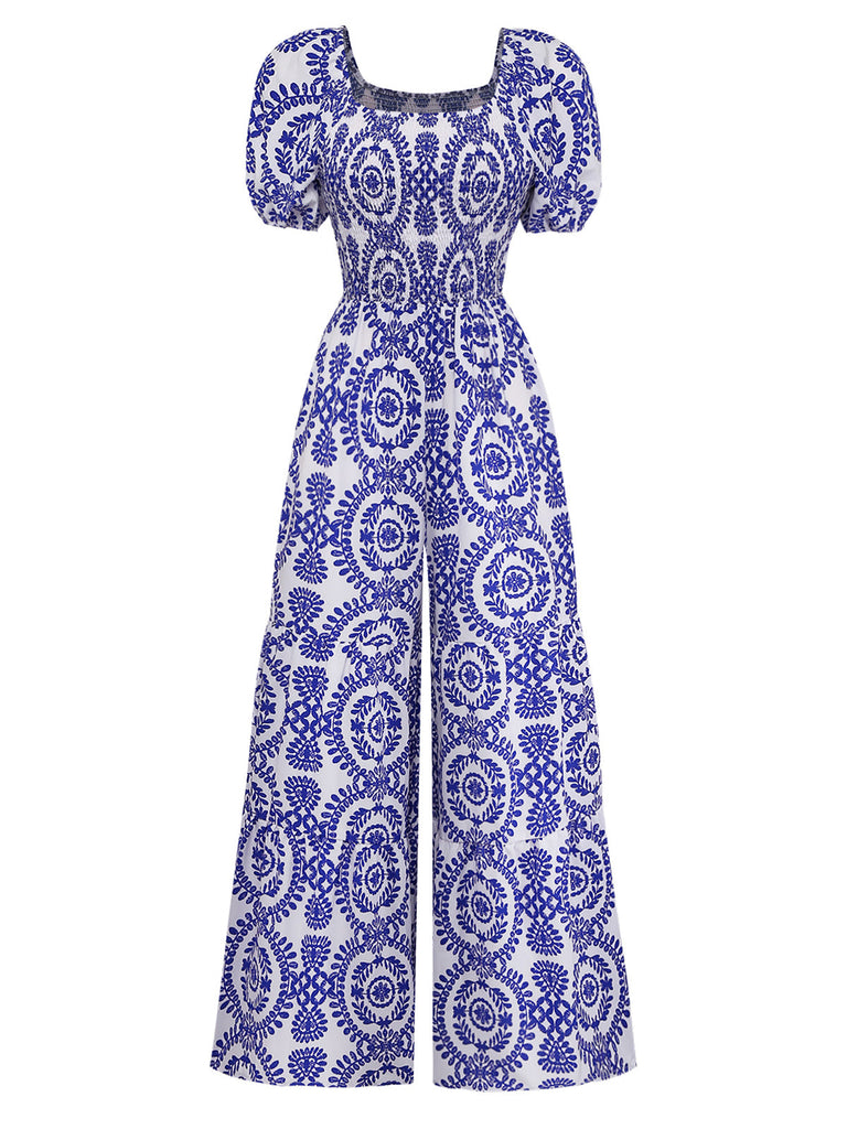 Blauer 50er Bohemian Jumpsuit mit Puffärmel und Rundhalsausschnitt