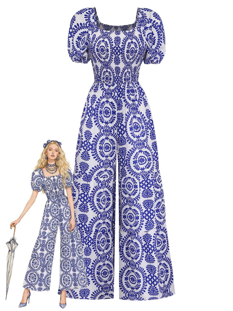 Blauer 50er Bohemian Jumpsuit mit Puffärmel und Rundhalsausschnitt