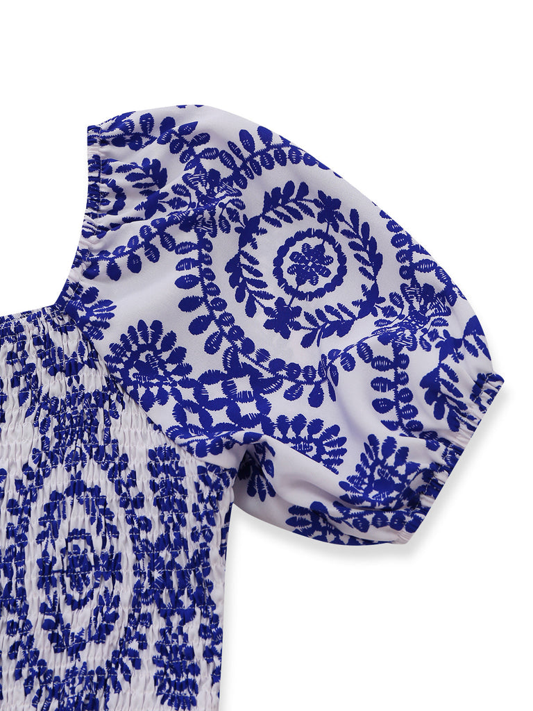 Blauer 50er Bohemian Jumpsuit mit Puffärmel und Rundhalsausschnitt