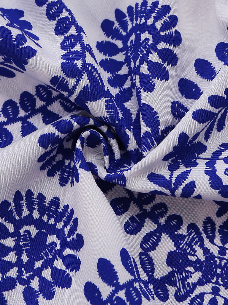 Blauer 50er Bohemian Jumpsuit mit Puffärmel und Rundhalsausschnitt