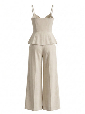 Beiges 50er 2PCS Top & Palazzo-Hose aus Baumwolle