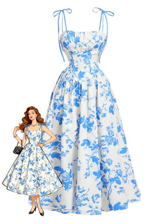 50er Midikleid mit Blumen-Print und Bindeträgern
