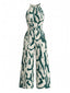 Grüner 70er Neckholder-Jumpsuit mit abstraktem Print und weitem Bein