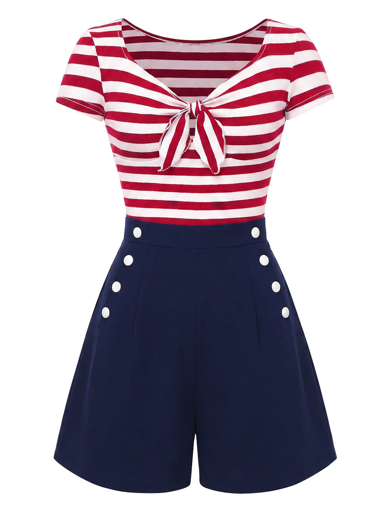 Roter 50er Sailor Maritim Romper mit Vorderbindung und Streifen