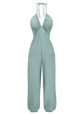 70er Jumpsuit mit V-Ausschnitt und Neckholder