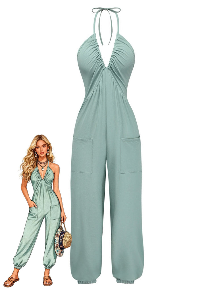 70er Jumpsuit mit V-Ausschnitt und Neckholder