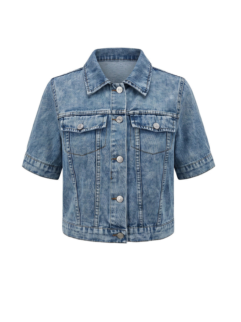 Blaue 50er Jeans-Jacke mit Reverskragen und Knopf