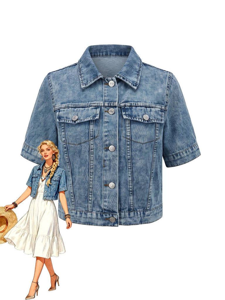 Blaue 50er Kurz-Jeansjacke mit Reverskragen und Knöpfen
