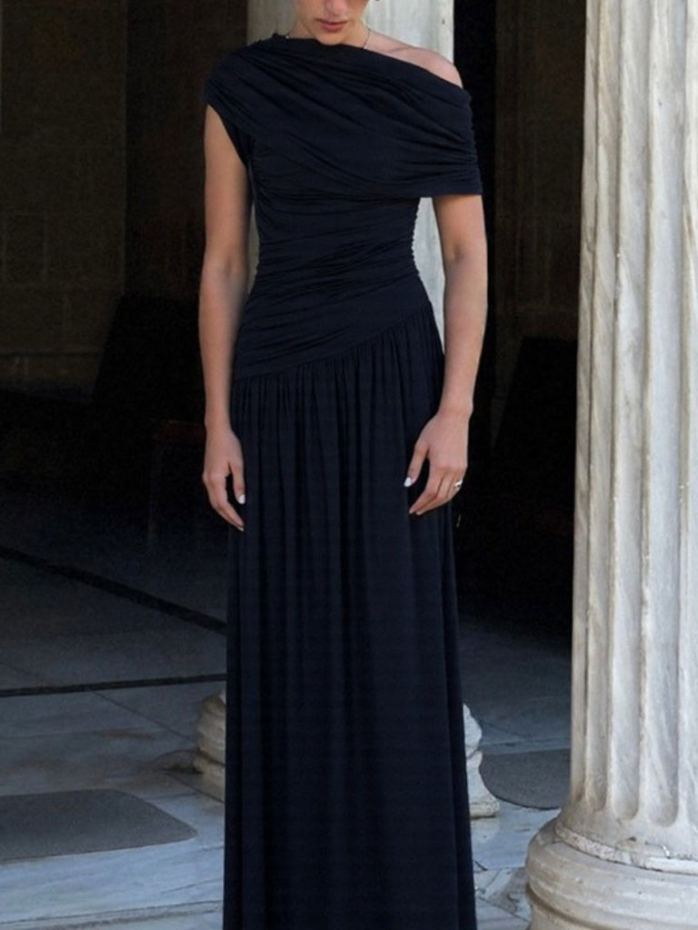 70er One-Shoulder Kleid mit Wickelausschnitt und Raffung