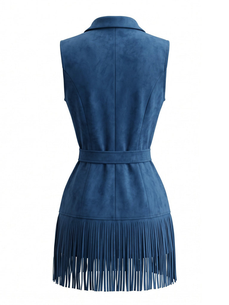 Marineblaues 70er Western-Kleid mit Fransen und Gürtel