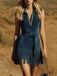 Marineblaues 70er Western-Kleid mit Fransen und Gürtel