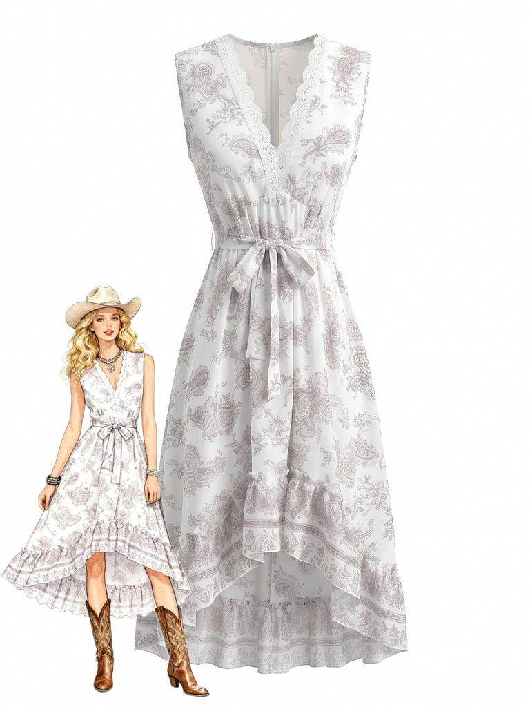 Weißes 70er Kleid mit V-Ausschnitt und Print