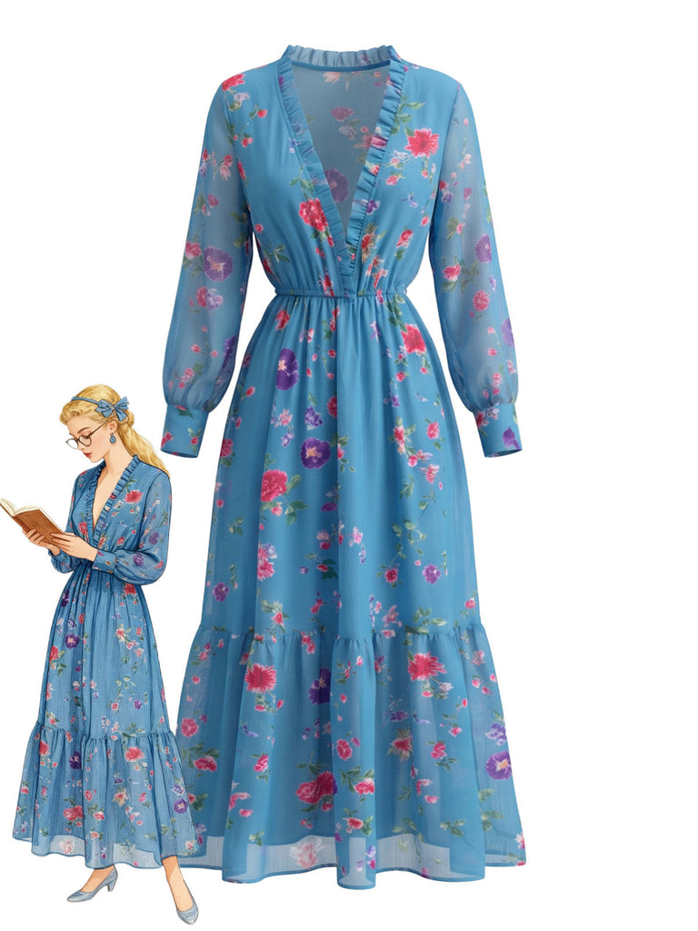 Blaues 70er Boho-Maxikleid mit Blumen und Rüschen-V-Ausschnitt