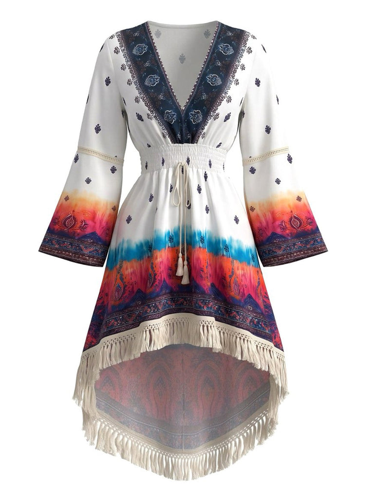 Weißes 70er Boho Kleid mit Paisley und Print