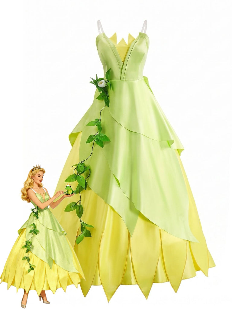 Grünes 30er Feenkleid mit Blättern und Lagen
