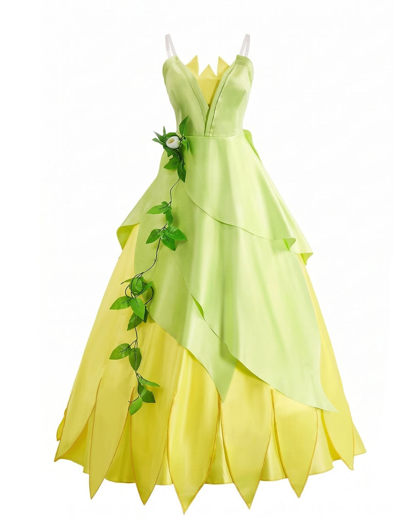 Grünes 30er Feenkleid mit Blättern und Lagen