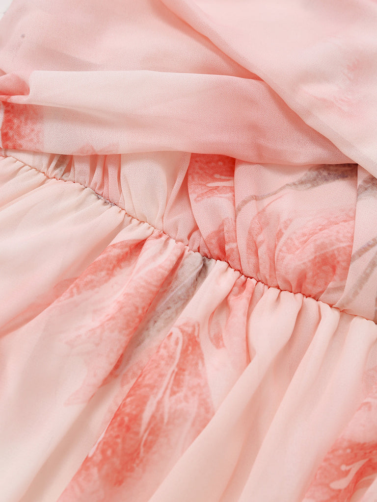 Rosa 50er Maxikleid mit V-Ausschnitt und Blumen