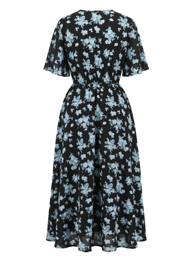 [Übergröße] Schwarzes & Blaues 60er Swingkleid mit Blumen und Kurzarm