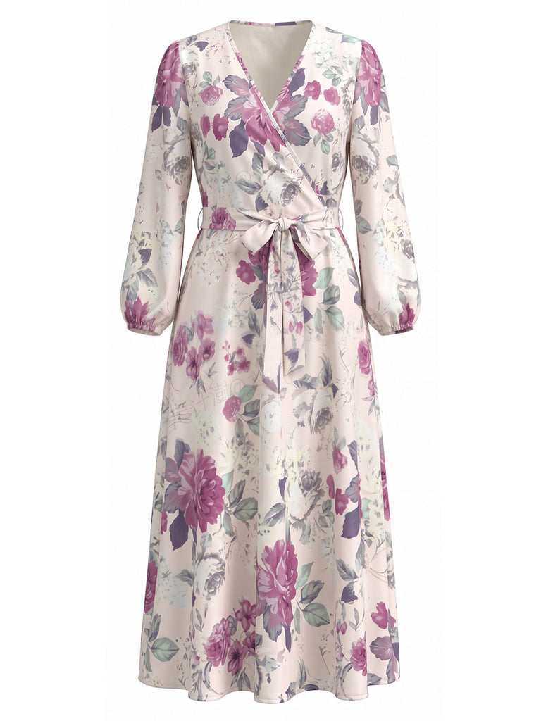 [Übergröße] 70er Wickelkleid mit V-Ausschnitt und Blumen