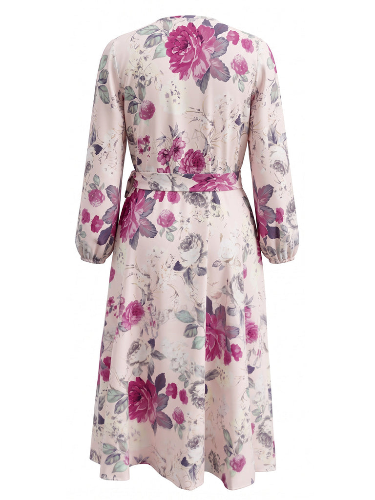 [Übergröße] 70er Wickelkleid mit V-Ausschnitt und Blumen