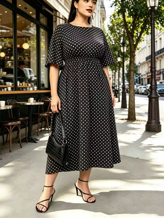 [Übergröße] Schwarzes 60er Midikleid mit Polka-Dots und Runden