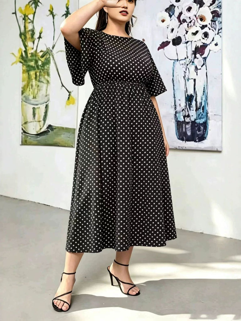 [Übergröße] Schwarzes 60er Midikleid mit Polka-Dots und Runden