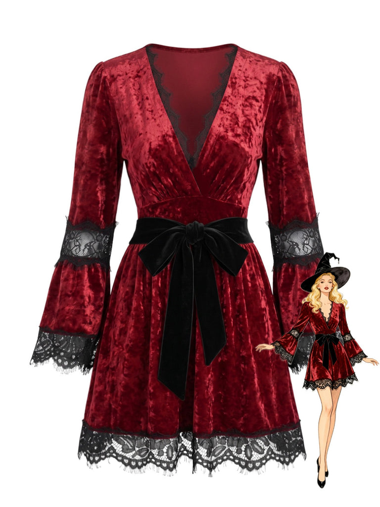 Rotes 70er Gothic-Kleid mit Spitzenbesatz und tiefem V-Ausschnitt