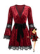 Rotes 70er Gothic-Kleid mit Spitzenbesatz und tiefem V-Ausschnitt