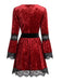 Rotes 70er Gothic-Kleid mit Spitzenbesatz und tiefem V-Ausschnitt