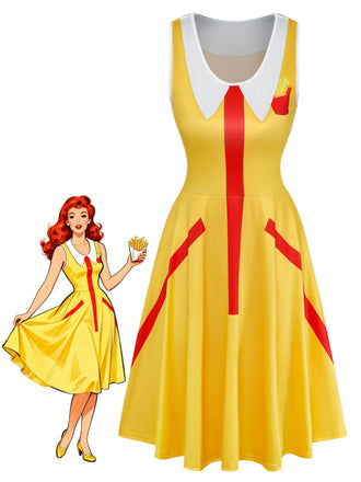 Gelbes 70er Clownkleid mit Pommes-Tasche