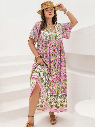 [Übergröße] Rosa 70er Boho Kleid mit V-Ausschnitt und Blumen