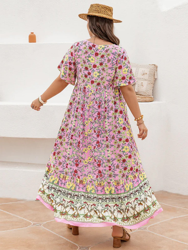 [Übergröße] Rosa 70er Boho Kleid mit V-Ausschnitt und Blumen