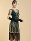 Dunkelgrünes 20er Gatsby-Kleid mit Paillettenstickerei und Fransen