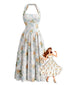 Gelbes 30er Kleid mit Neckholder und Blumen