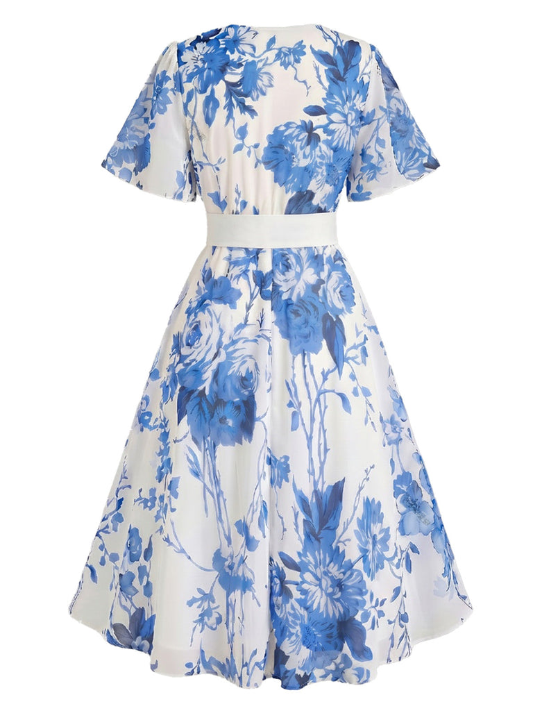 Plus Size 1950s Floral V Neck Belted Dress 2