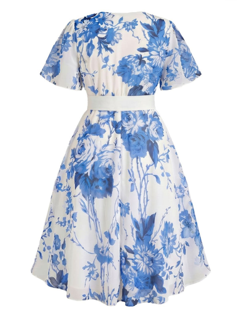 [Übergröße] 50er Chiffonkleid mit Blumenmuster und V-Ausschnitt