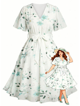 [Übergröße] 50er Chiffonkleid mit Blumenmuster und V-Ausschnitt