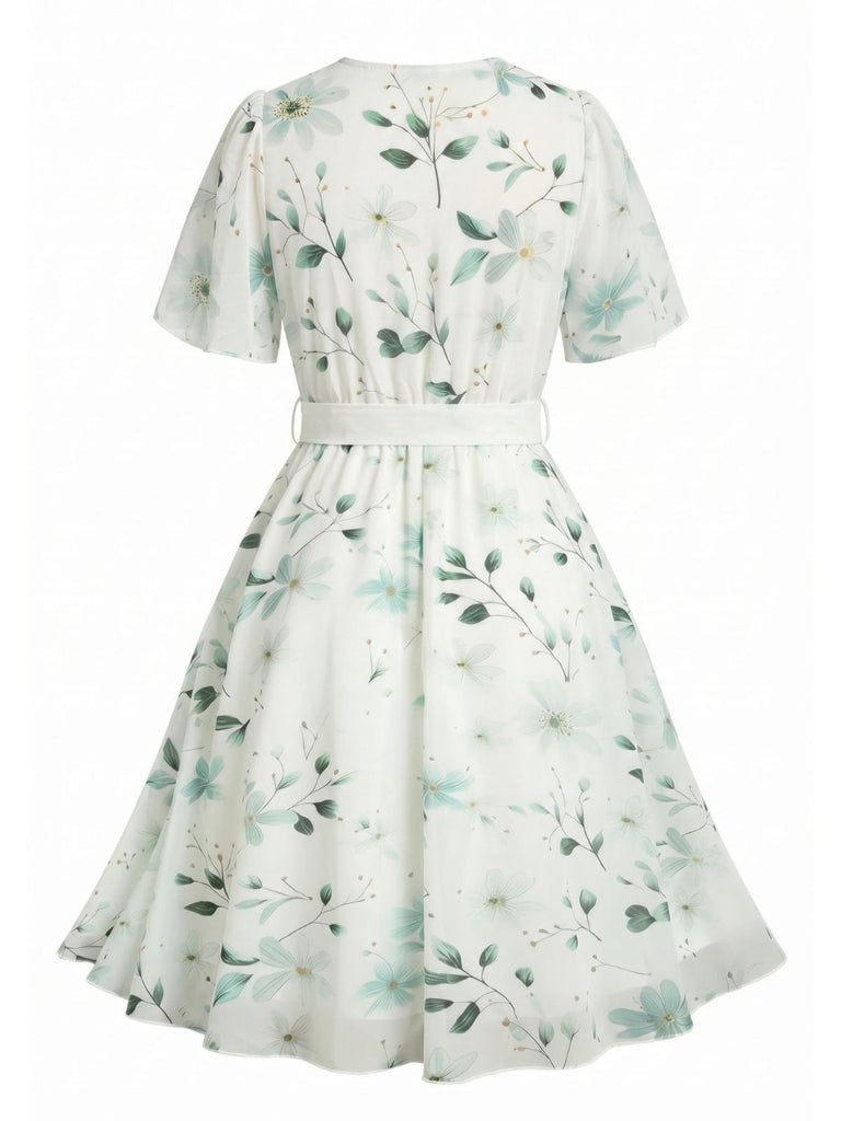 [Übergröße] 50er Chiffonkleid mit Blumenmuster und V-Ausschnitt