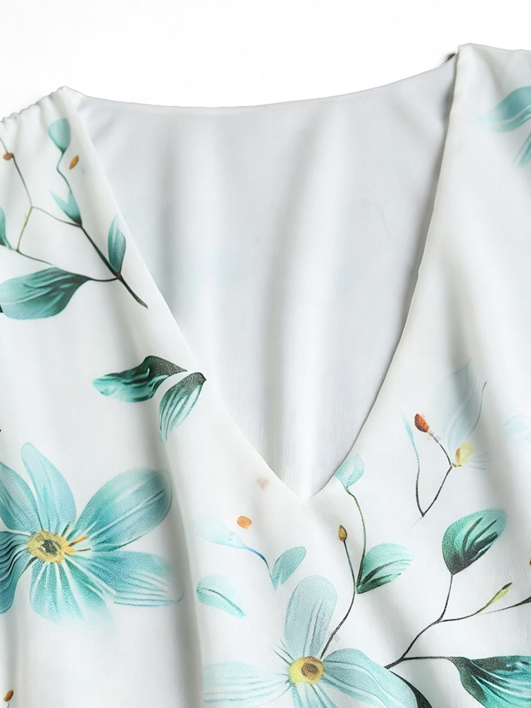 [Übergröße] 50er Chiffonkleid mit Blumenmuster und V-Ausschnitt