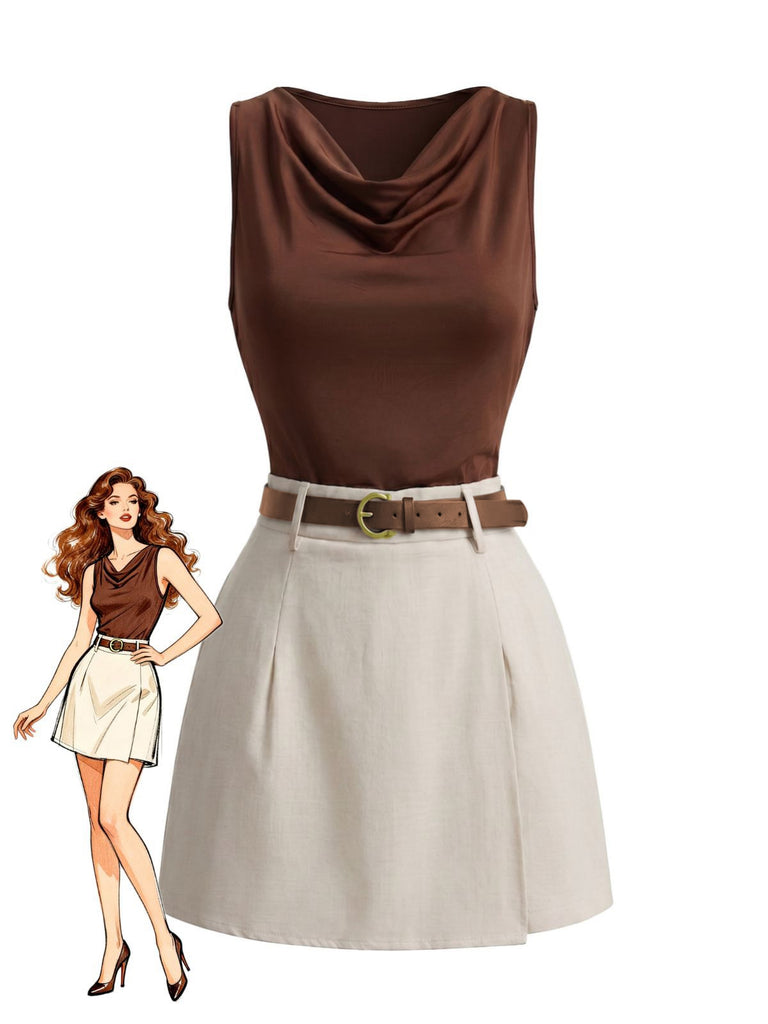 Braunes 60er Top & Wickelshorts Set mit Wasserfallausschnitt