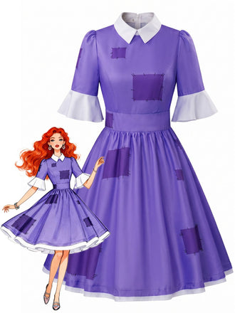 Lila 50er Halloween Kleid mit Peter-Pan-Kragen und Patchwork