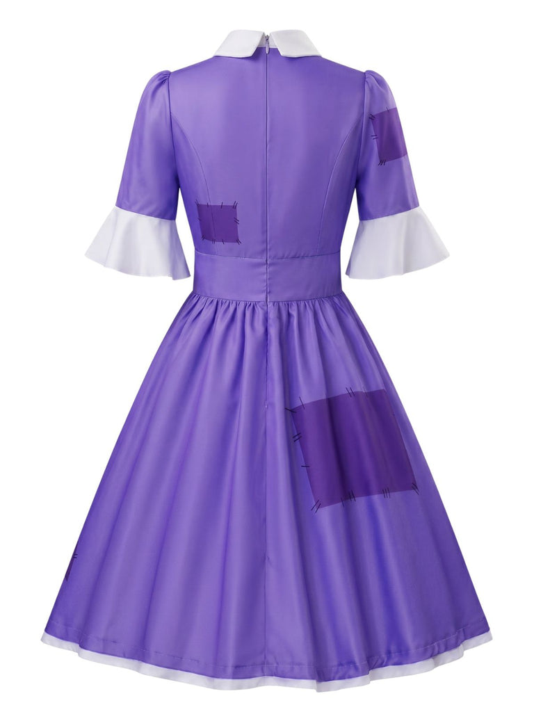 Lila 50er Halloween Kleid mit Peter-Pan-Kragen und Patchwork