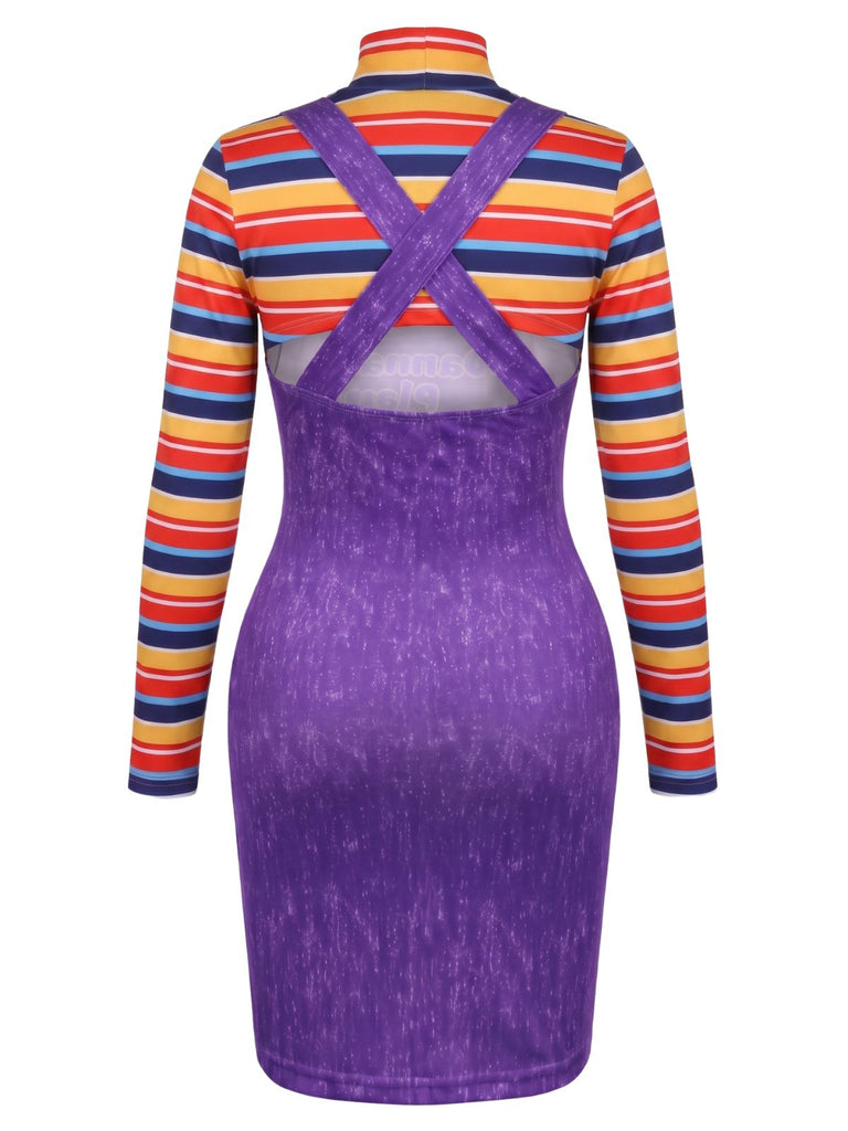 60er Kleid mit Hoher Ausschnitt und Streifen