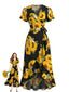 Schwarzes 40er Wickel-Midikleid mit Sonnenblumen-Print und V-Ausschnitt