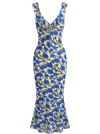 Blaues 30er figurbetontes Kleid mit Blumen und Neckholder