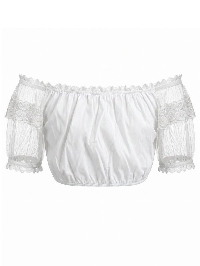 Weisses 50er Crop-Top mit Spitze und Puffärmeln
