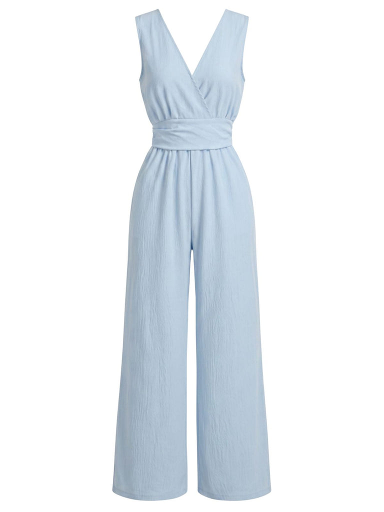 Blauer 40er ärmelloser Jumpsuit mit Wickeloptik