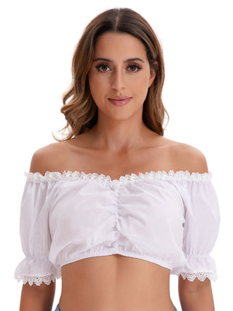 Weisses 50er Crop-Top mit Carmen-Ausschnitt und Spitze