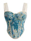 Blaues 60er Korsett-Top mit Blumen-Print und Spitzenbesatz